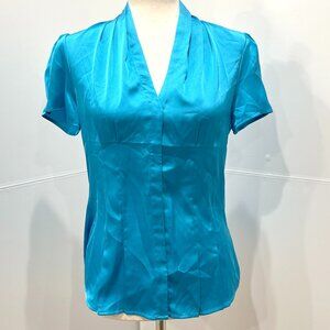 NWT Express Satin Ocean Blue Button up Short Sleeve Blouse Shirt Size Small
